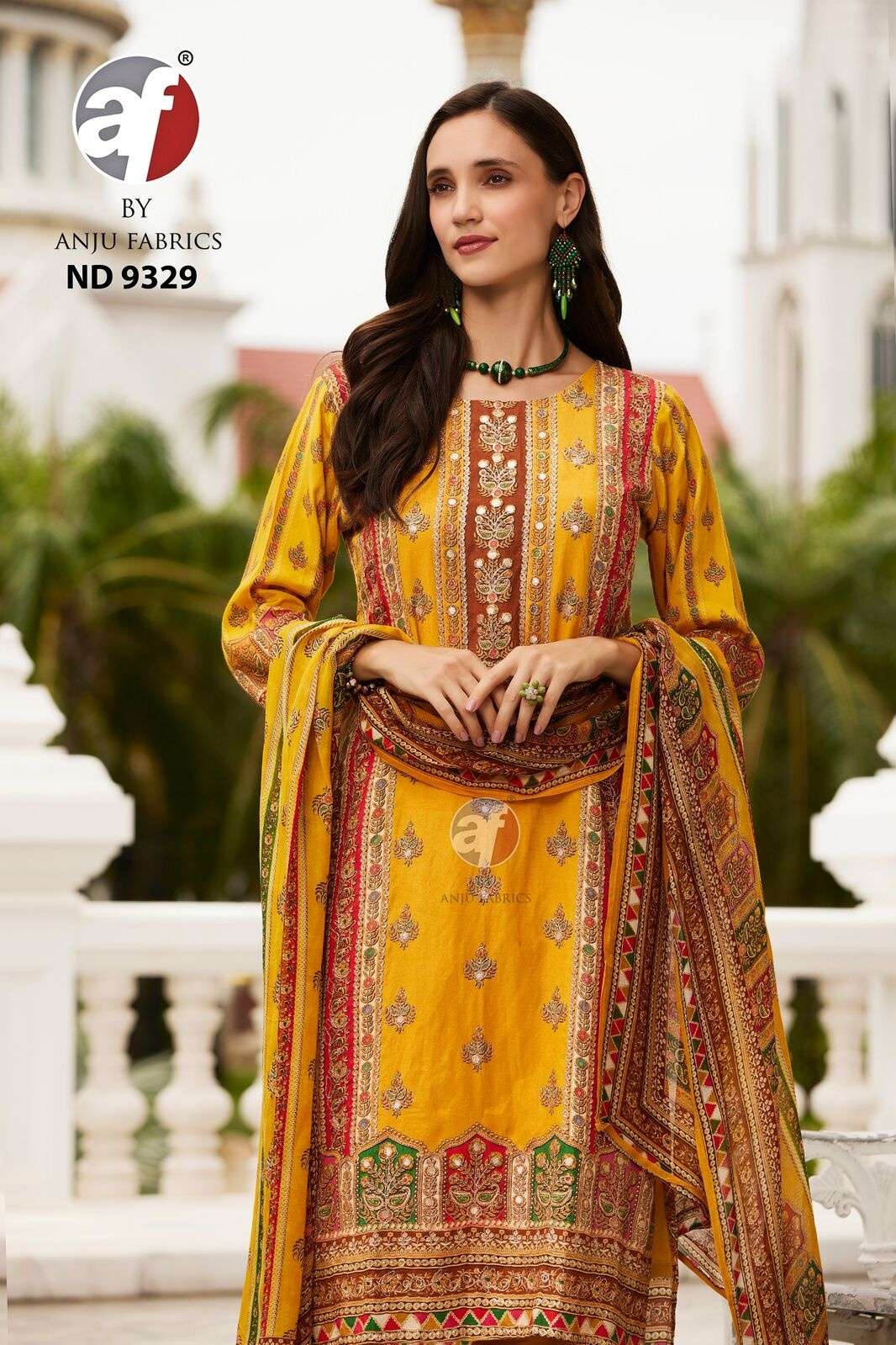 DESIGN NO-9329 BY ANJU FABRICS TISSUE SHIMMER BLENDED PLACEMENT PRINT HANDWORK STYLE 3 PCS 