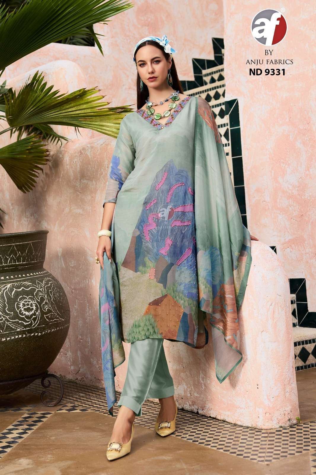 DESIGN NO-9331 BY ANJU FABRICS PURE TISSUE SHIMMER DIGITAL PRINT PURE HANDWORK KURTI PANT WITH DUPATTA 