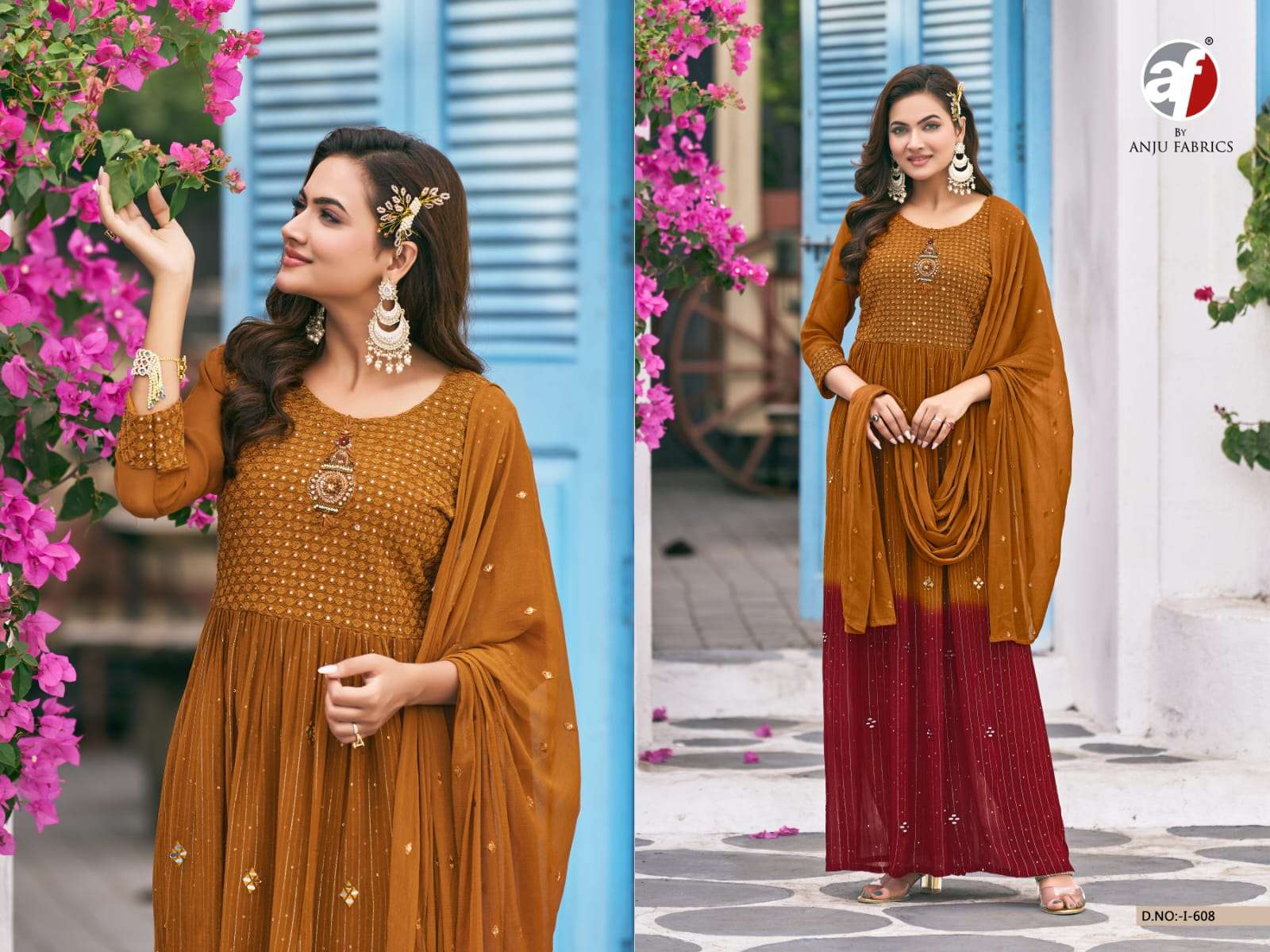 DESIGN NO- I 608 BY ANJU FABRICS PURE VISCOSE ZARI SEQUENCE MIRROR EMBROIDERY WORK LONG KURTI PANT WITH DUPATTA 