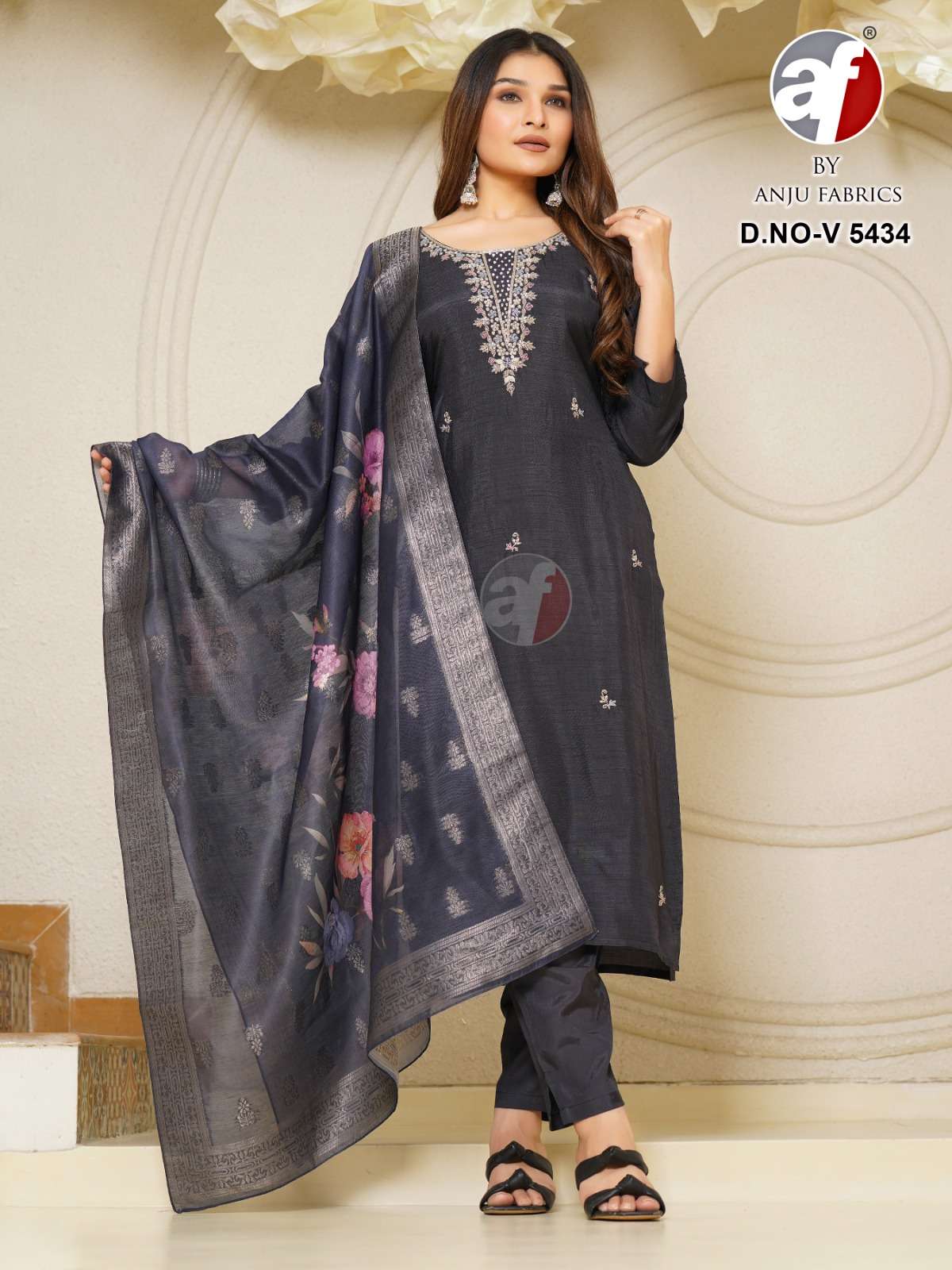 DESIGN NO-V 5434 BY ANJU FABRICS PURE DOLA SILK DIGITAL PRINT JACQUARD DUPATTA HANDWORK STYLE 3 PCS  
