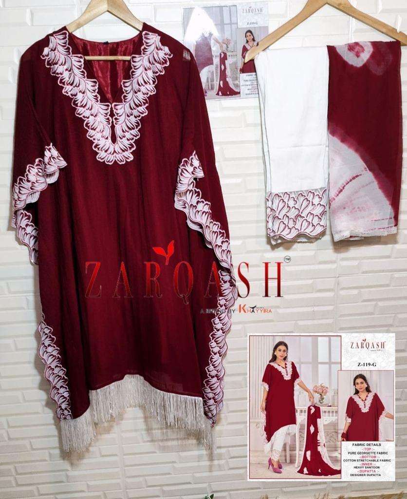 DESIGN NO- Z-119 (E,F,G,H) BY ZARQASH FOX GEORGETTE EMBROIDERY TOP PANT WITH FOUR SIDE LACE DUPATTA 