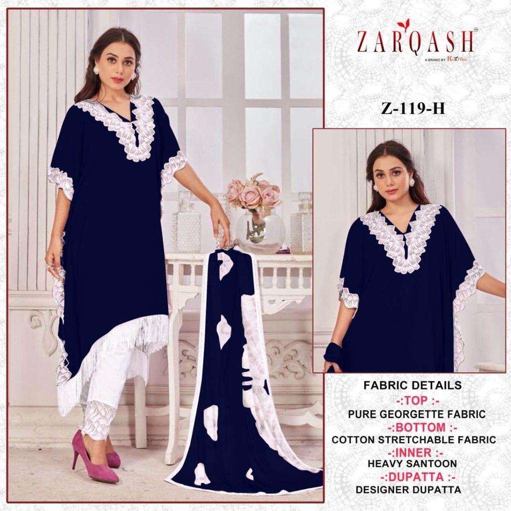 DESIGN NO- Z-119 (E,F,G,H) BY ZARQASH FOX GEORGETTE EMBROIDERY TOP PANT WITH FOUR SIDE LACE DUPATTA 