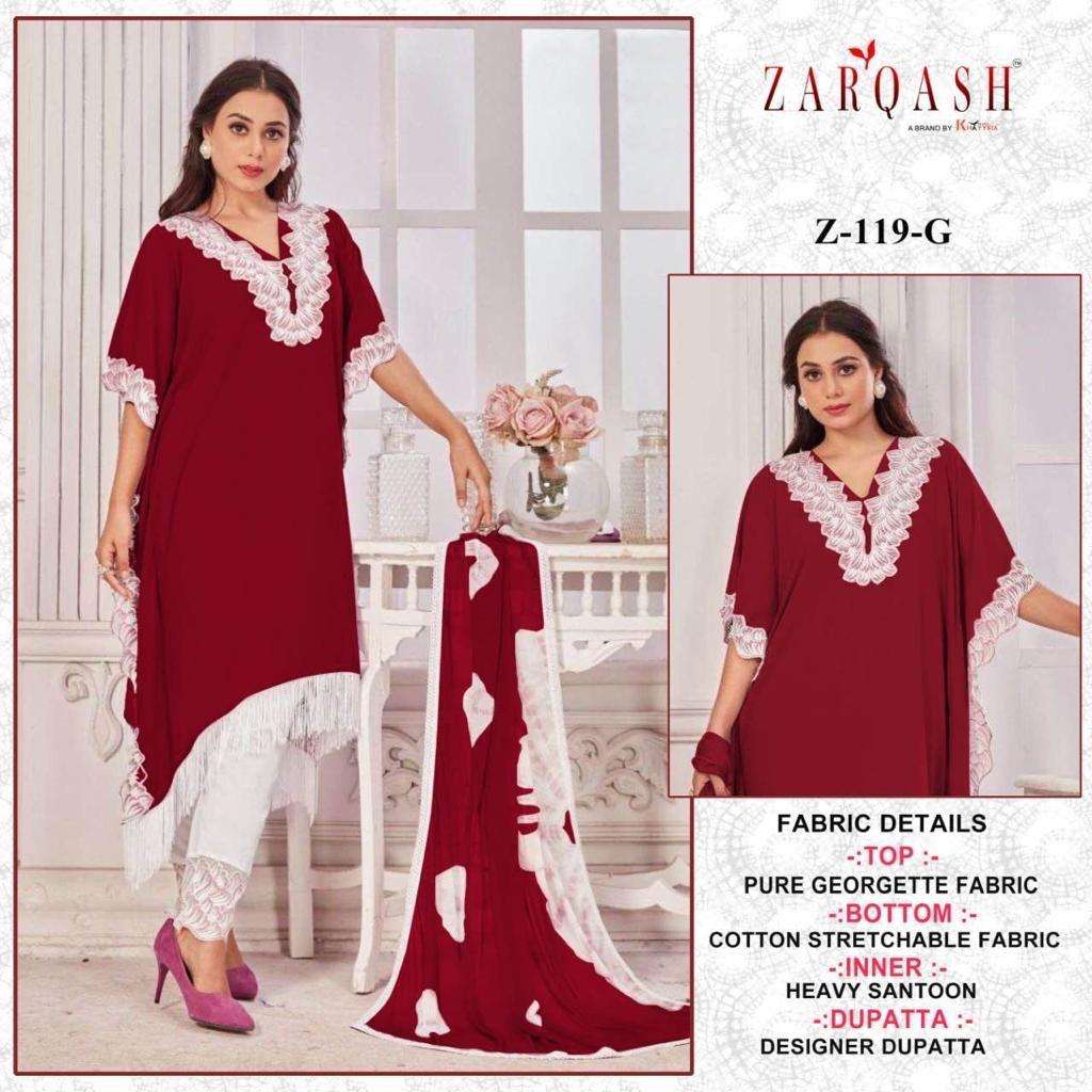 DESIGN NO- Z-119 (E,F,G,H) BY ZARQASH FOX GEORGETTE EMBROIDERY TOP PANT WITH FOUR SIDE LACE DUPATTA 