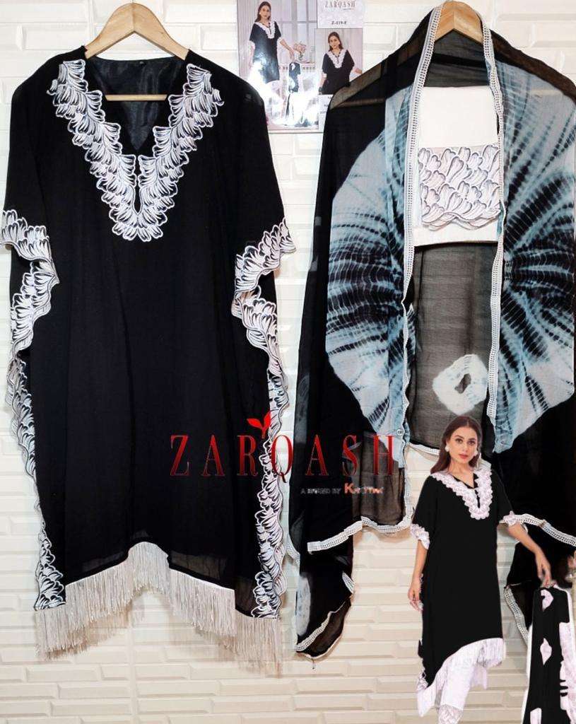 DESIGN NO- Z-119 (E,F,G,H) BY ZARQASH FOX GEORGETTE EMBROIDERY TOP PANT WITH FOUR SIDE LACE DUPATTA 