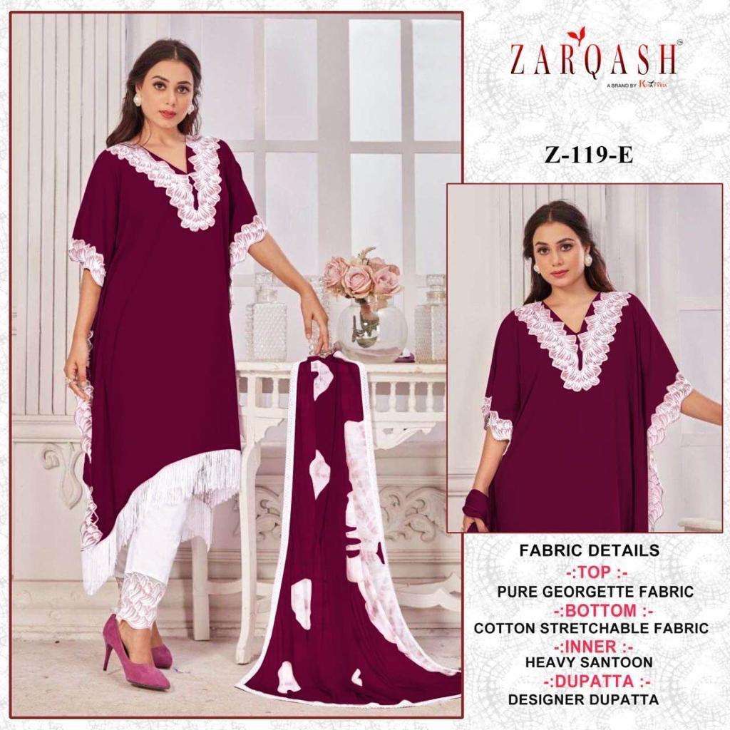 DESIGN NO- Z-119 (E,F,G,H) BY ZARQASH FOX GEORGETTE EMBROIDERY TOP PANT WITH FOUR SIDE LACE DUPATTA 