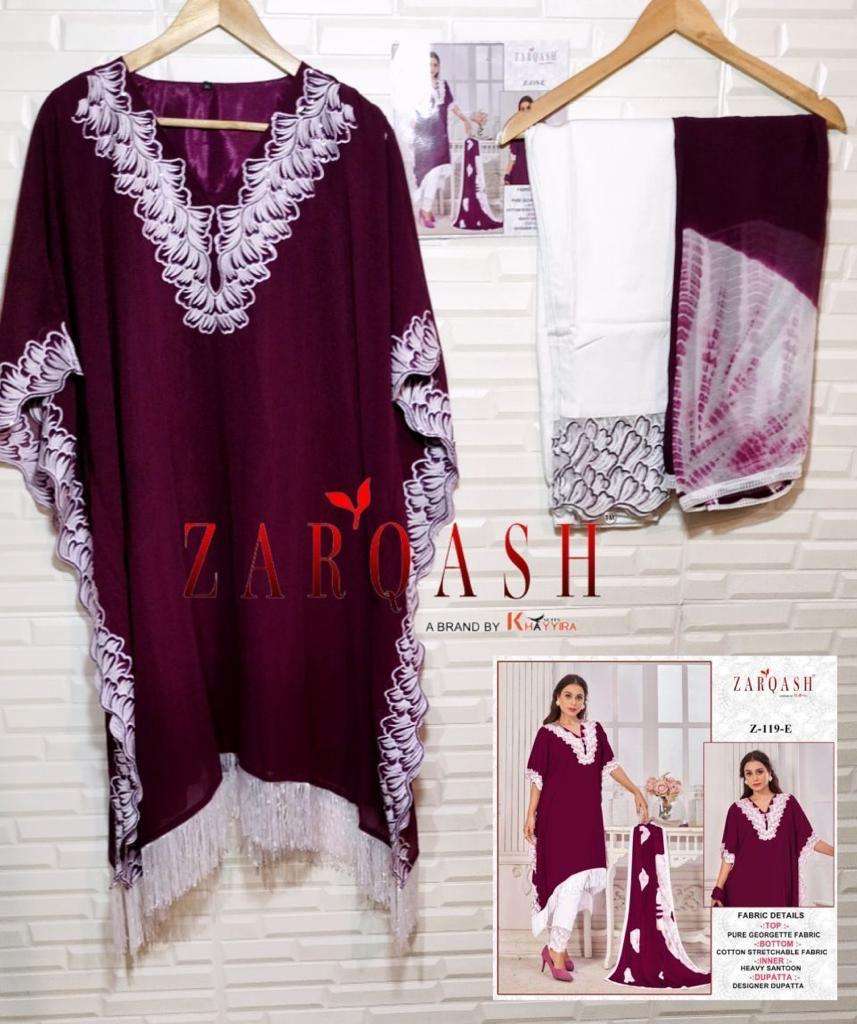 DESIGN NO- Z-119 (E,F,G,H) BY ZARQASH FOX GEORGETTE EMBROIDERY TOP PANT WITH FOUR SIDE LACE DUPATTA 
