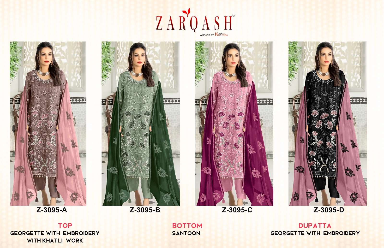 DESIGN NO-Z 3095 BY ZARQASH GEORGETTE FANCY HEAVY EMBROIDERY WORK UNSTICHED SALWAR SUITS 