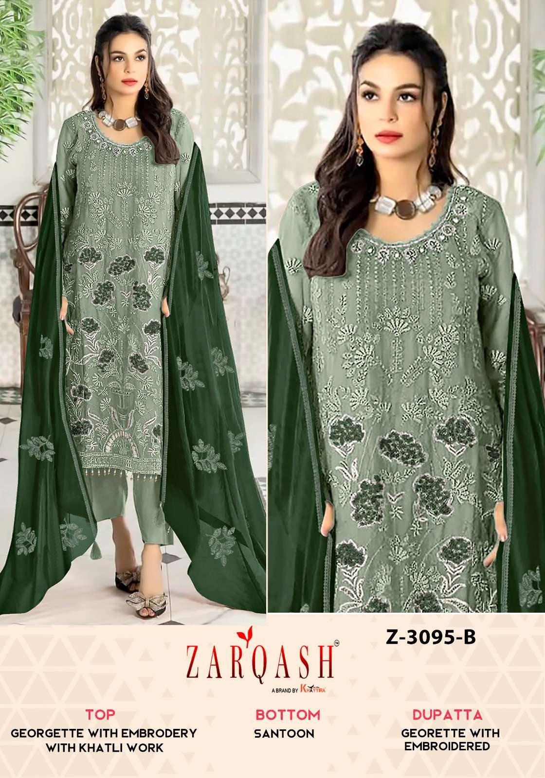 DESIGN NO-Z 3095 BY ZARQASH GEORGETTE FANCY HEAVY EMBROIDERY WORK UNSTICHED SALWAR SUITS 