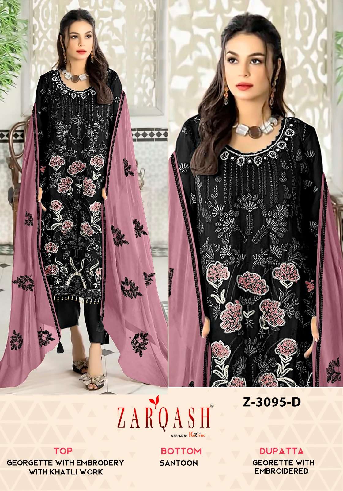 DESIGN NO-Z 3095 BY ZARQASH GEORGETTE FANCY HEAVY EMBROIDERY WORK UNSTICHED SALWAR SUITS 