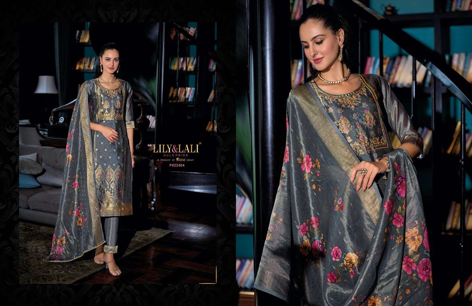 FARIDAN BY LILY & LALI SIMAR JACQUARD JARI SILK EXCLUSIVE HANDWORK KURTI PANT & DUPATTA 