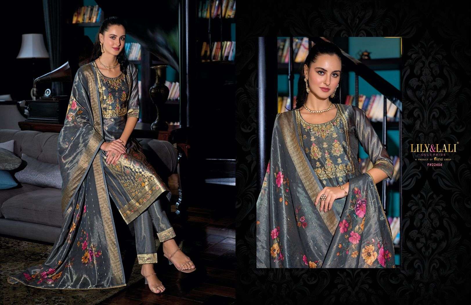 FARIDAN BY LILY & LALI SIMAR JACQUARD JARI SILK EXCLUSIVE HANDWORK KURTI PANT & DUPATTA 