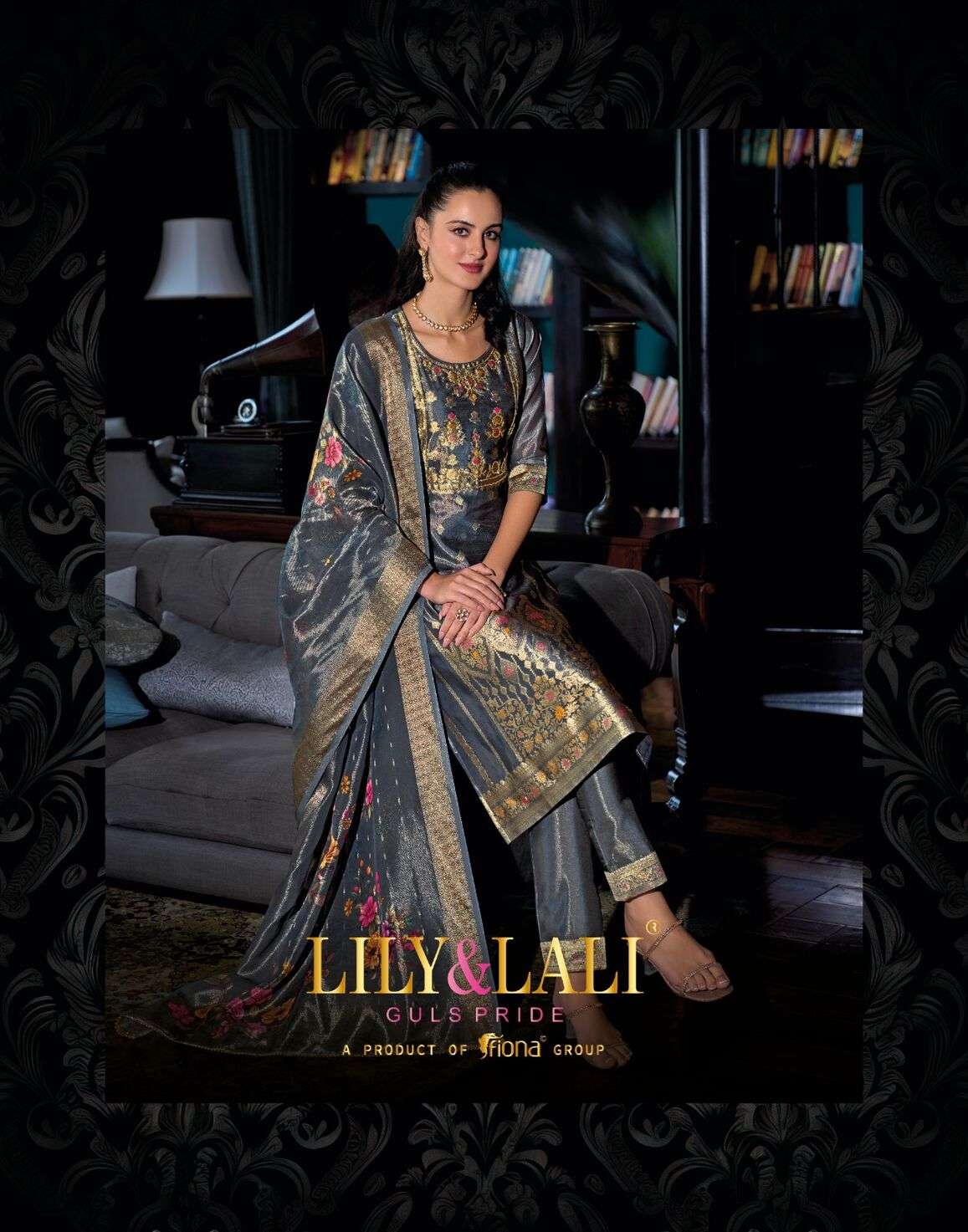 FARIDAN BY LILY & LALI SIMAR JACQUARD JARI SILK EXCLUSIVE HANDWORK KURTI PANT & DUPATTA 