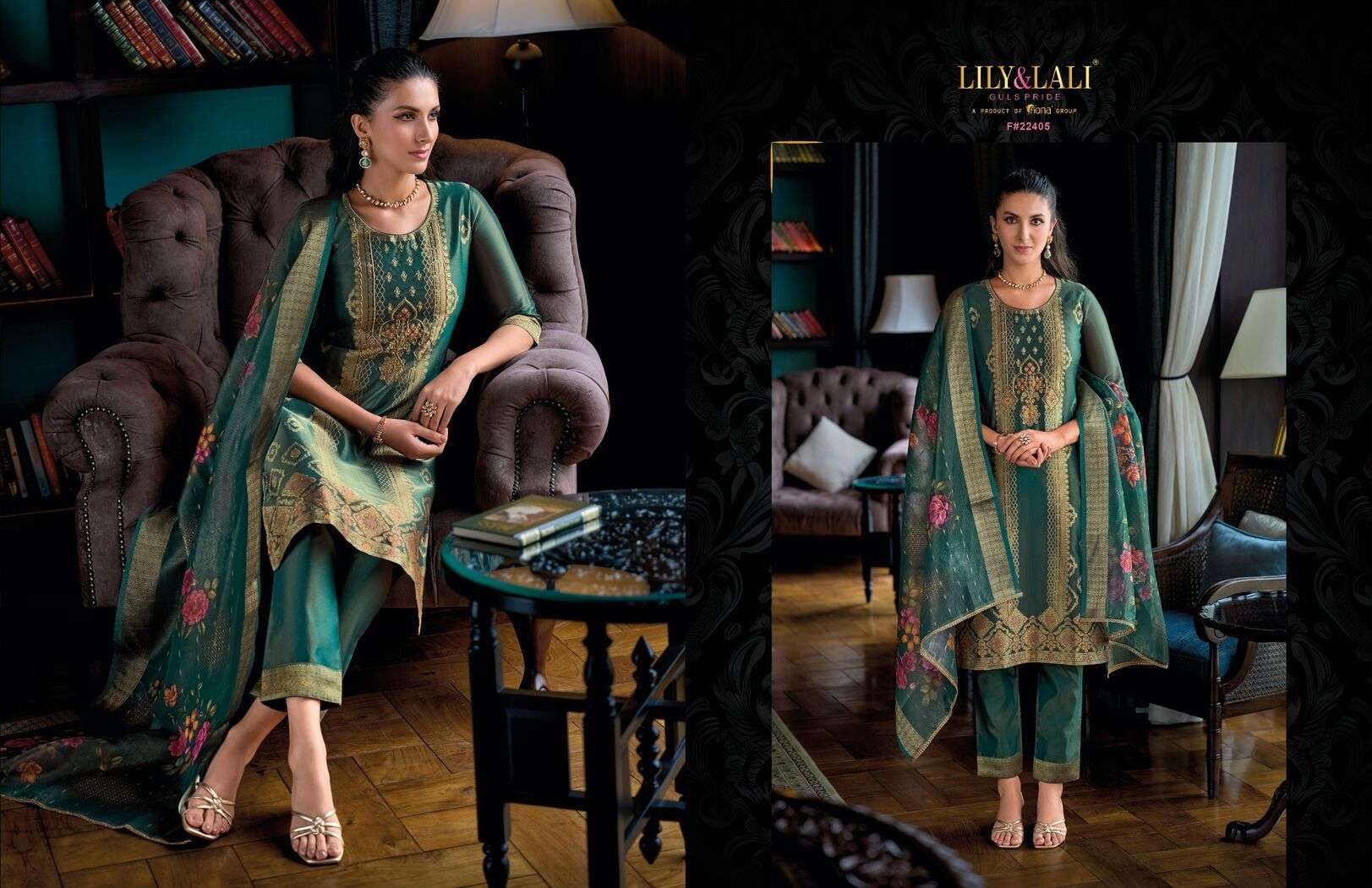 FARIDAN BY LILY & LALI SIMAR JACQUARD JARI SILK EXCLUSIVE HANDWORK KURTI PANT & DUPATTA 