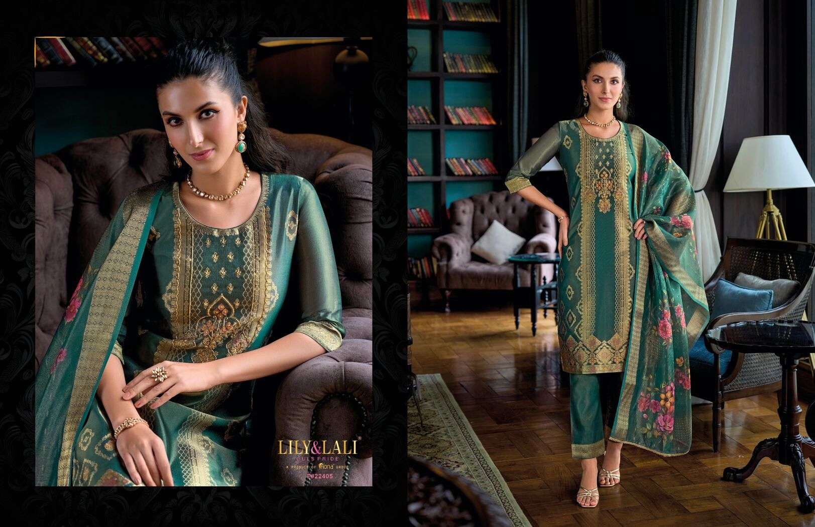 FARIDAN BY LILY & LALI SIMAR JACQUARD JARI SILK EXCLUSIVE HANDWORK KURTI PANT & DUPATTA 