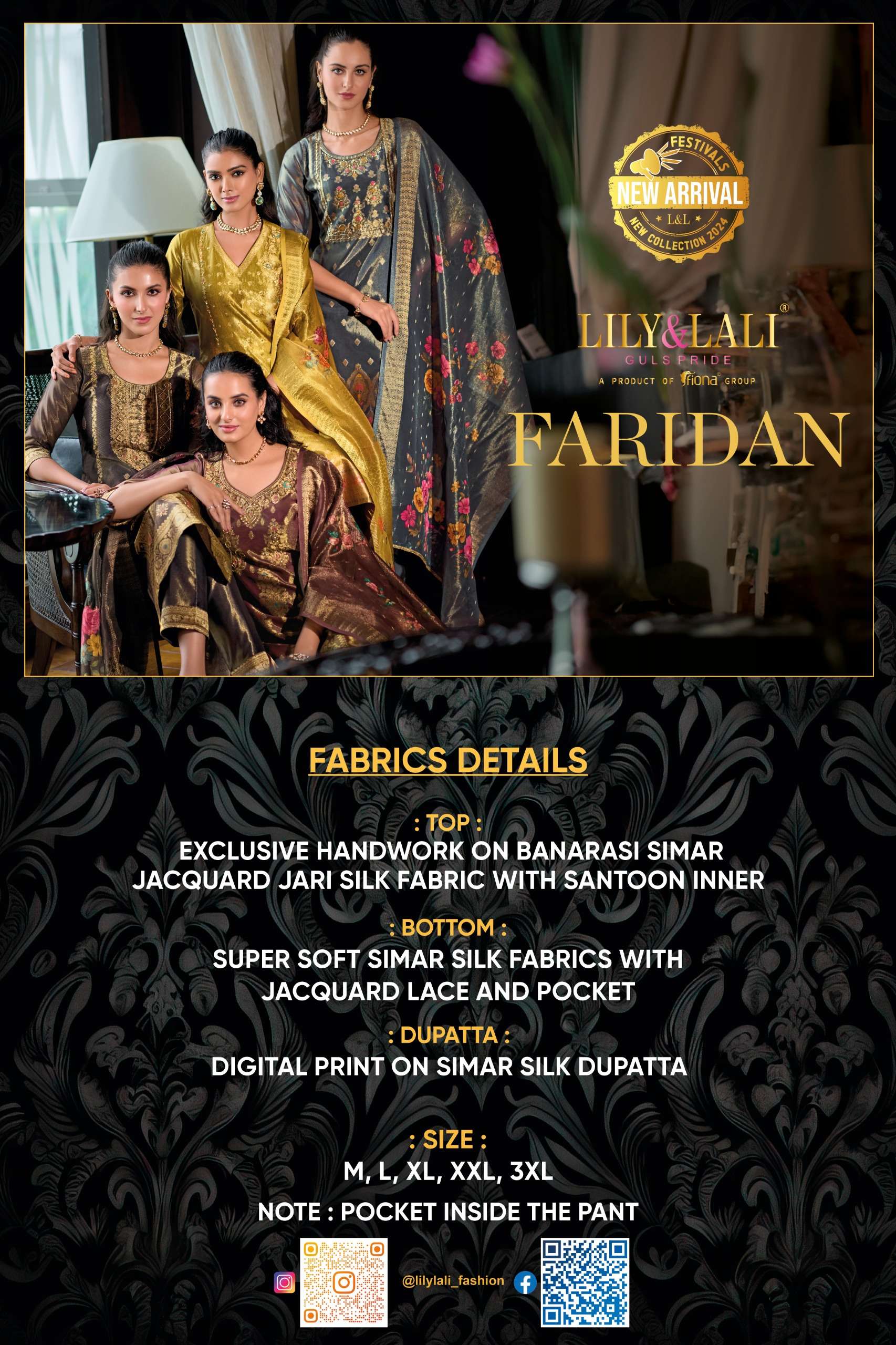 FARIDAN BY LILY & LALI SIMAR JACQUARD JARI SILK EXCLUSIVE HANDWORK KURTI PANT & DUPATTA 