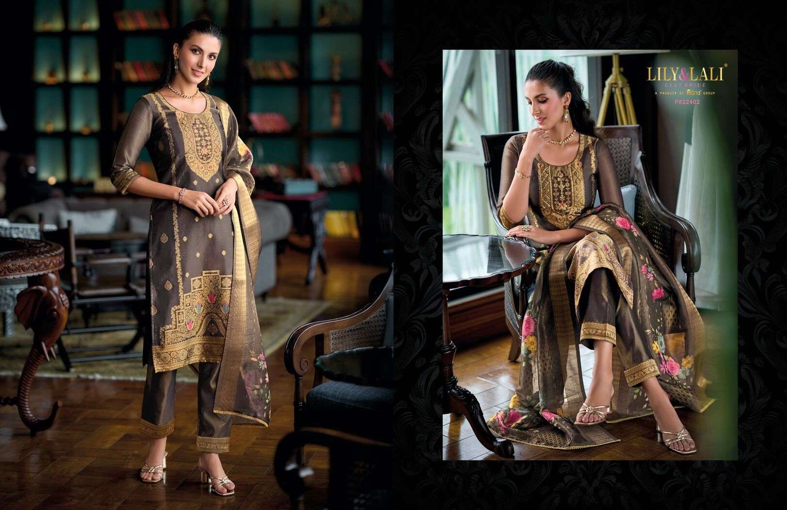 FARIDAN BY LILY & LALI SIMAR JACQUARD JARI SILK EXCLUSIVE HANDWORK KURTI PANT & DUPATTA 