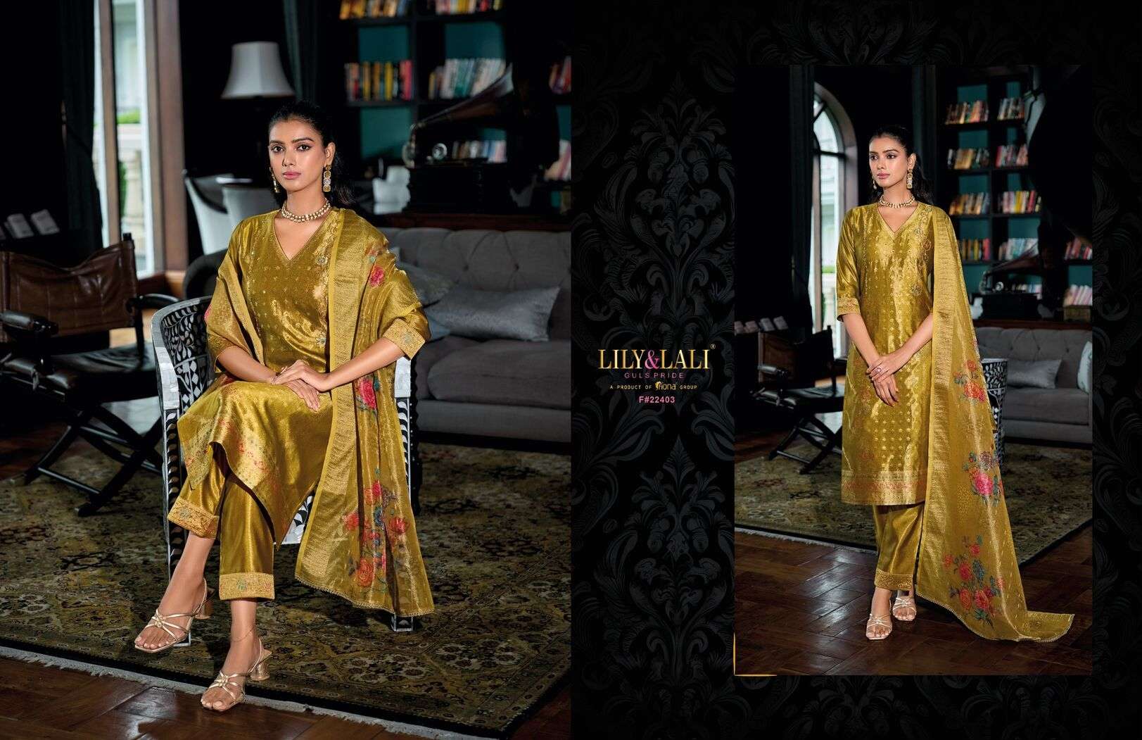 FARIDAN BY LILY & LALI SIMAR JACQUARD JARI SILK EXCLUSIVE HANDWORK KURTI PANT & DUPATTA 