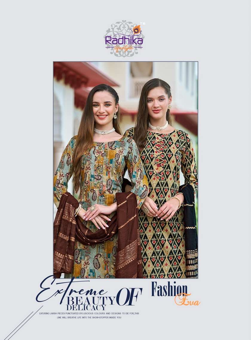 FASHION EVA VOL-1 BY RADHIKA LIFESTYLE RAYON FOIL PRINT WITH HANDWORK KURTI PANT WITH JACQUARD DUPATTA 