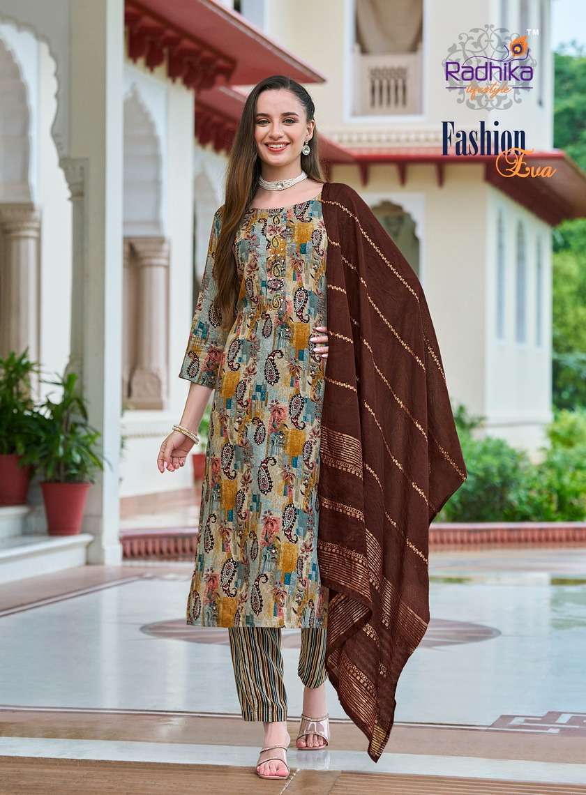 FASHION EVA VOL-1 BY RADHIKA LIFESTYLE RAYON FOIL PRINT WITH HANDWORK KURTI PANT WITH JACQUARD DUPATTA 