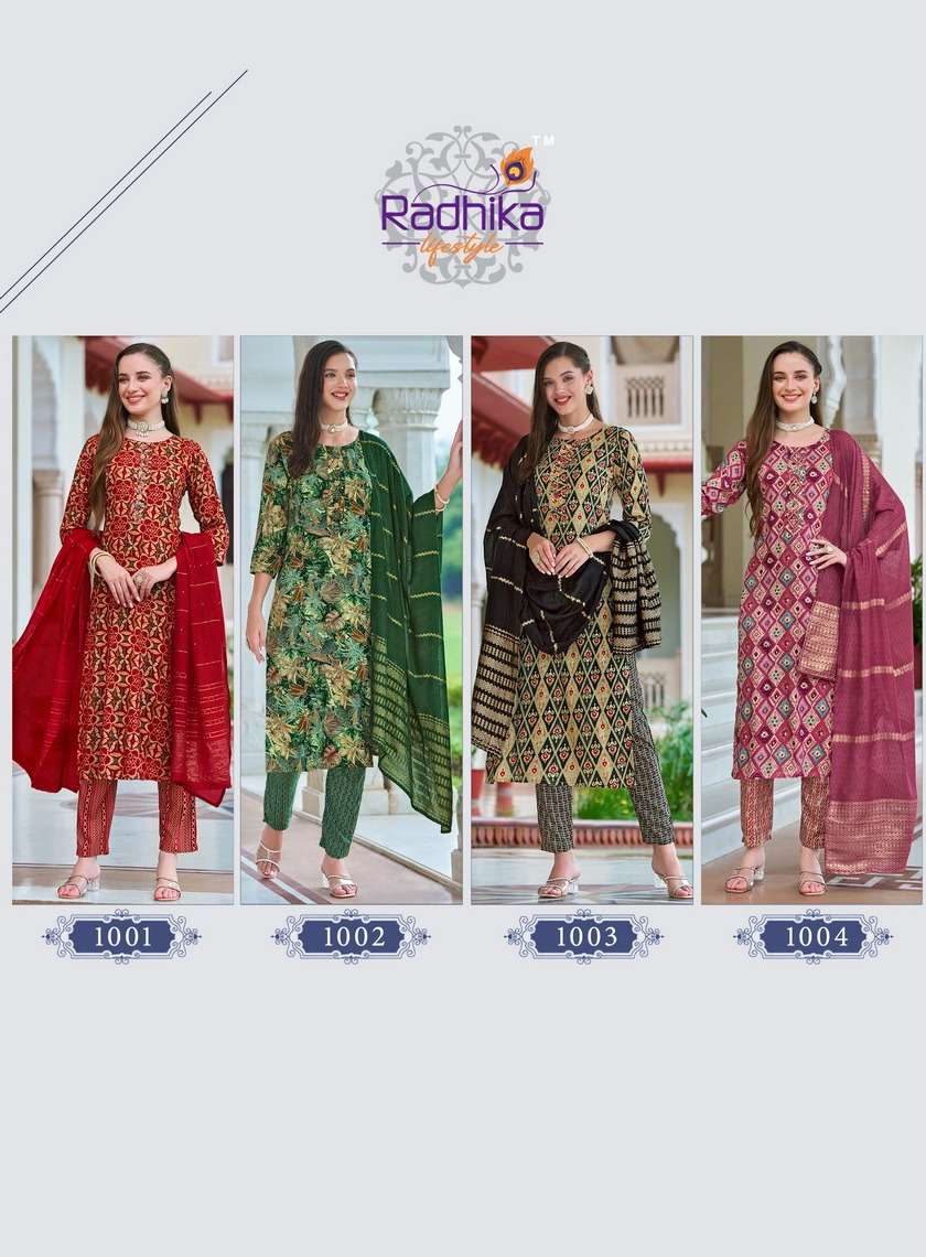 FASHION EVA VOL-1 BY RADHIKA LIFESTYLE RAYON FOIL PRINT WITH HANDWORK KURTI PANT WITH JACQUARD DUPATTA 