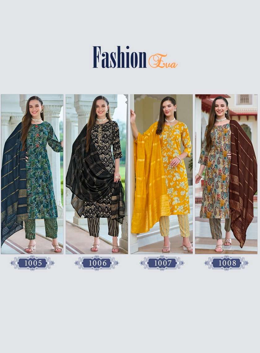 FASHION EVA VOL-1 BY RADHIKA LIFESTYLE RAYON FOIL PRINT WITH HANDWORK KURTI PANT WITH JACQUARD DUPATTA 