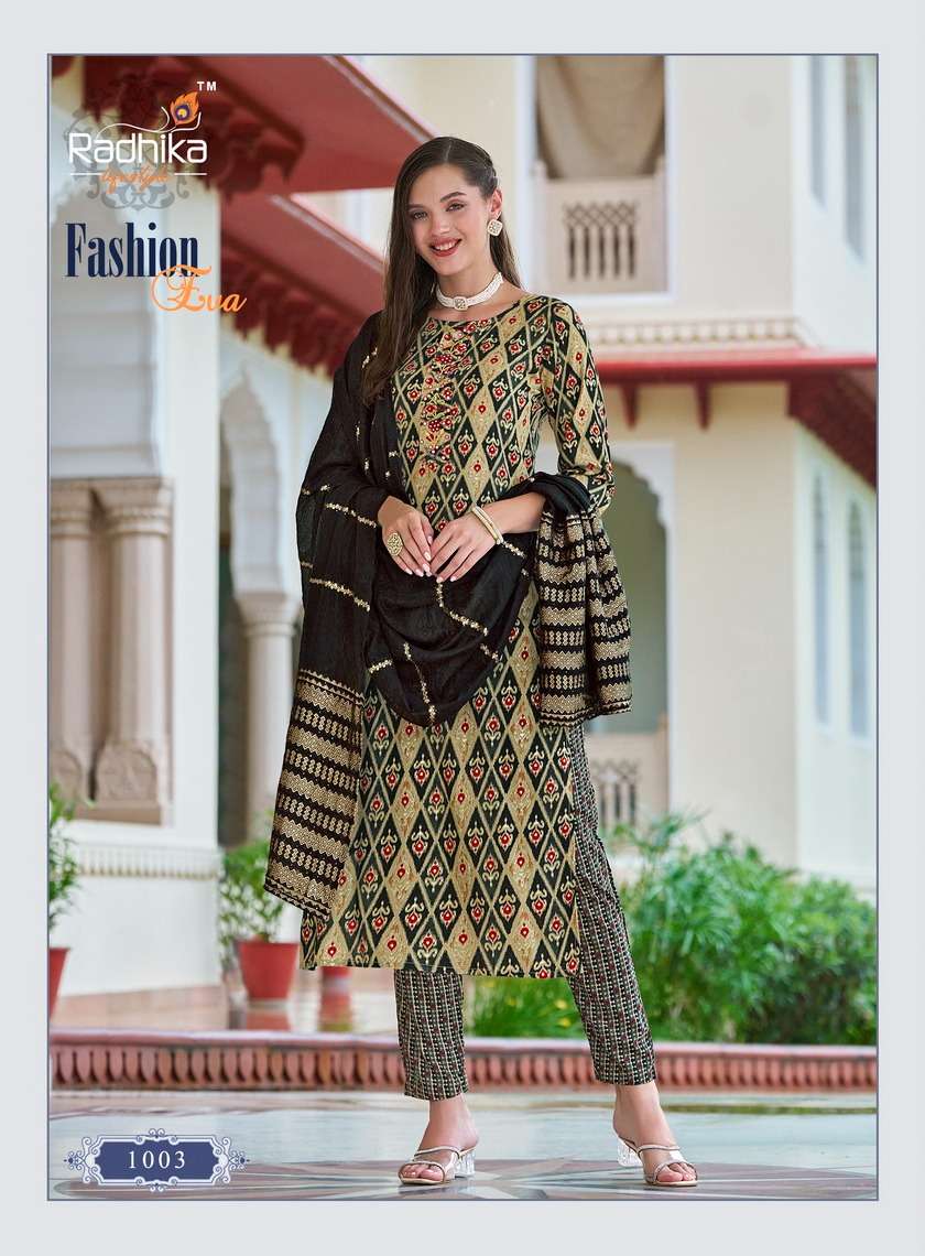 FASHION EVA VOL-1 BY RADHIKA LIFESTYLE RAYON FOIL PRINT WITH HANDWORK KURTI PANT WITH JACQUARD DUPATTA 