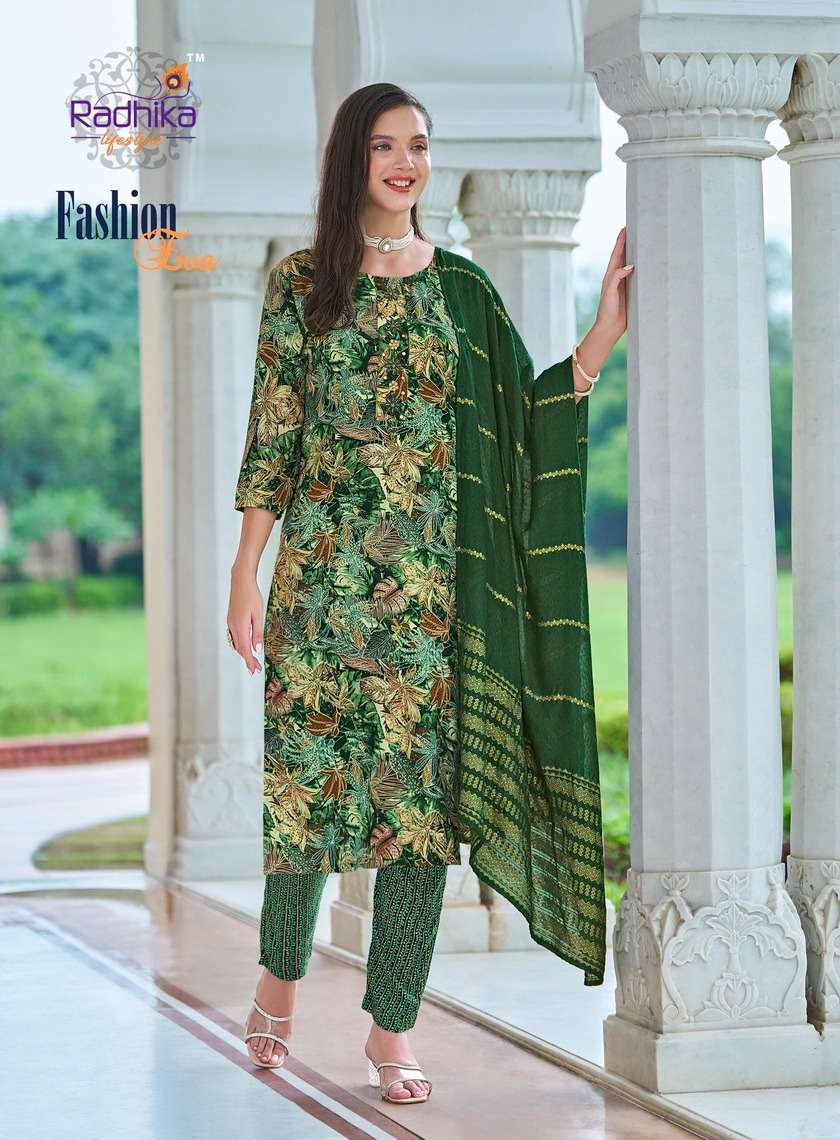FASHION EVA VOL-1 BY RADHIKA LIFESTYLE RAYON FOIL PRINT WITH HANDWORK KURTI PANT WITH JACQUARD DUPATTA 
