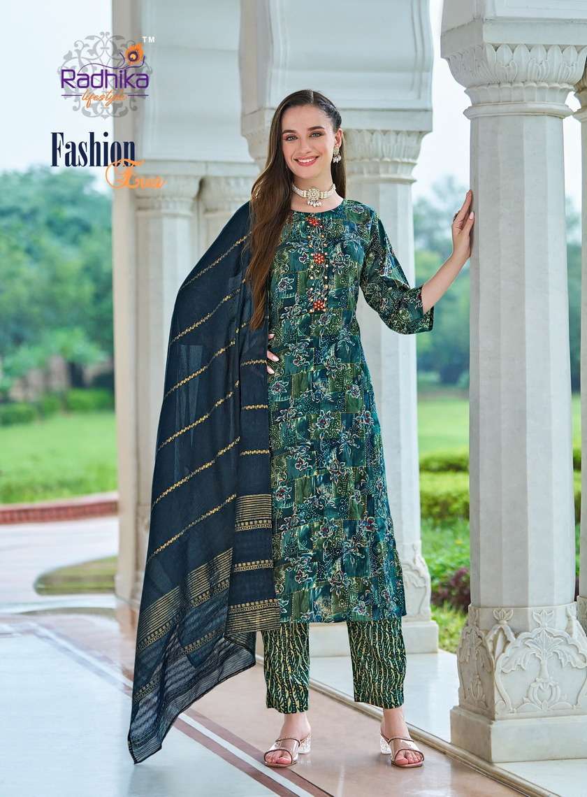 FASHION EVA VOL-1 BY RADHIKA LIFESTYLE RAYON FOIL PRINT WITH HANDWORK KURTI PANT WITH JACQUARD DUPATTA 