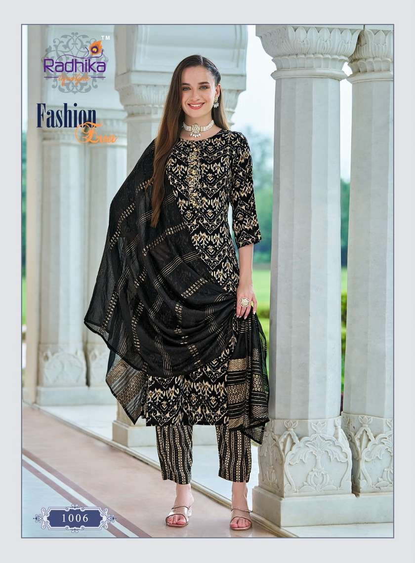 FASHION EVA VOL-1 BY RADHIKA LIFESTYLE RAYON FOIL PRINT WITH HANDWORK KURTI PANT WITH JACQUARD DUPATTA 