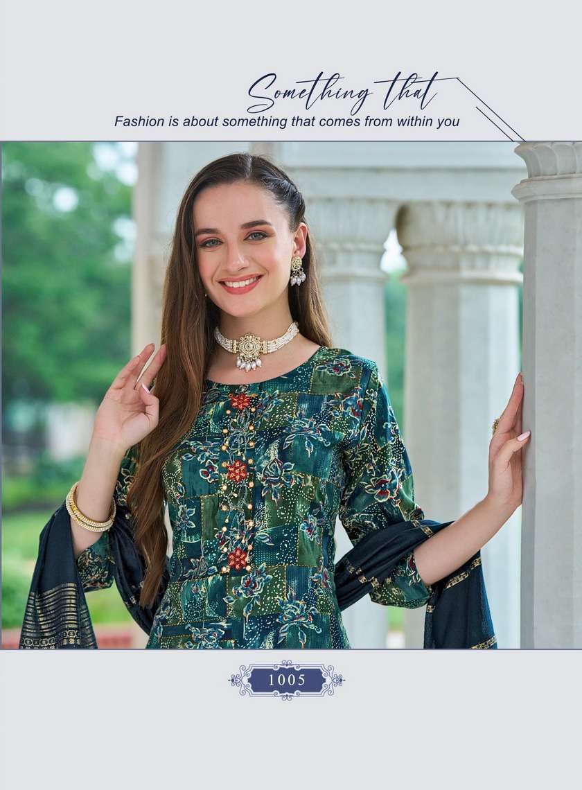 FASHION EVA VOL-1 BY RADHIKA LIFESTYLE RAYON FOIL PRINT WITH HANDWORK KURTI PANT WITH JACQUARD DUPATTA 
