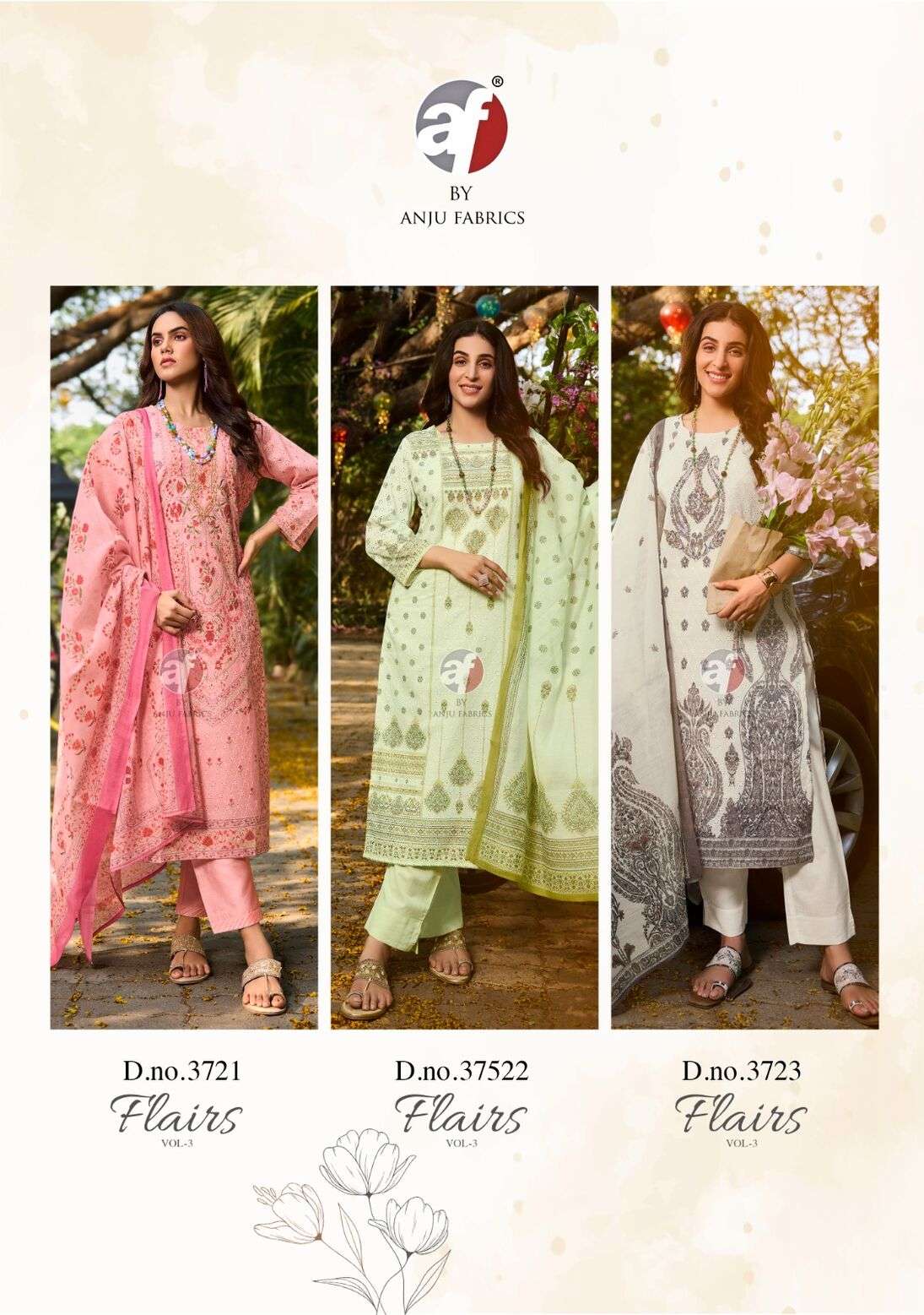 FLAIRS VOL-3 BY ANJU FABRICS COTTON SCHIFFLI PAKISTANI PRINTS HANDWORK KURTI PANT WITH DUPATTA 