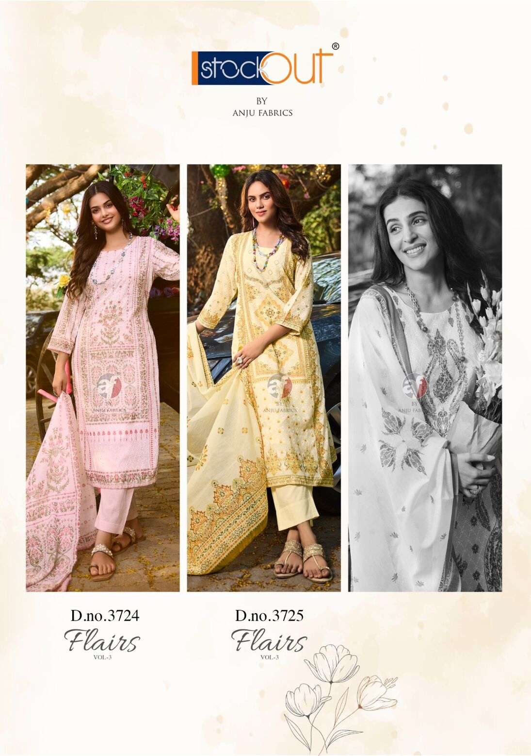 FLAIRS VOL-3 BY ANJU FABRICS COTTON SCHIFFLI PAKISTANI PRINTS HANDWORK KURTI PANT WITH DUPATTA 