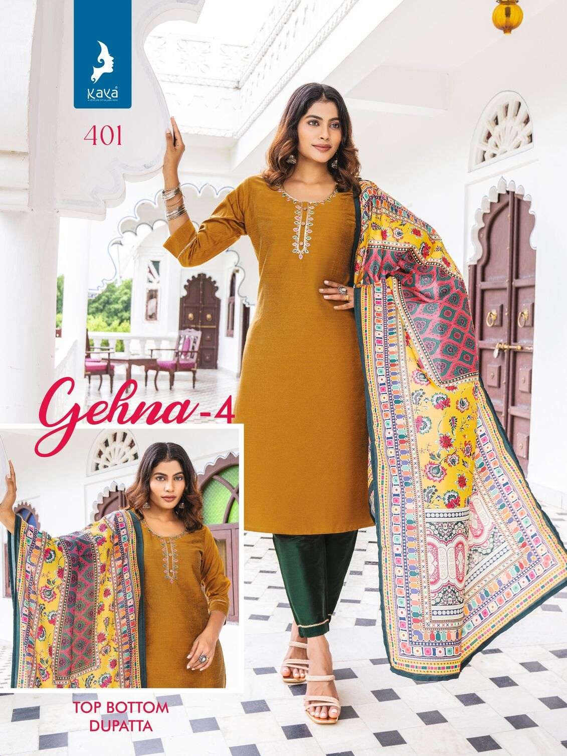 GEHNA VOL-4 BY KAYA KURTI LONG PURE SILK STRAIGHT CUT 3 PIECE KURTI PANT WITH DUPATTA 