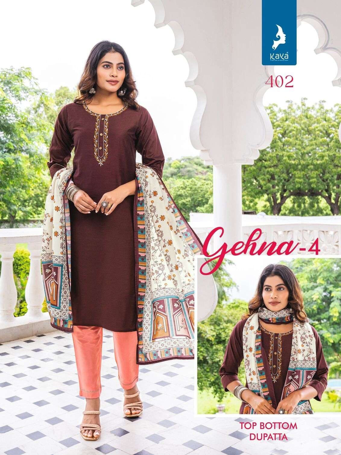 GEHNA VOL-4 BY KAYA KURTI LONG PURE SILK STRAIGHT CUT 3 PIECE KURTI PANT WITH DUPATTA 