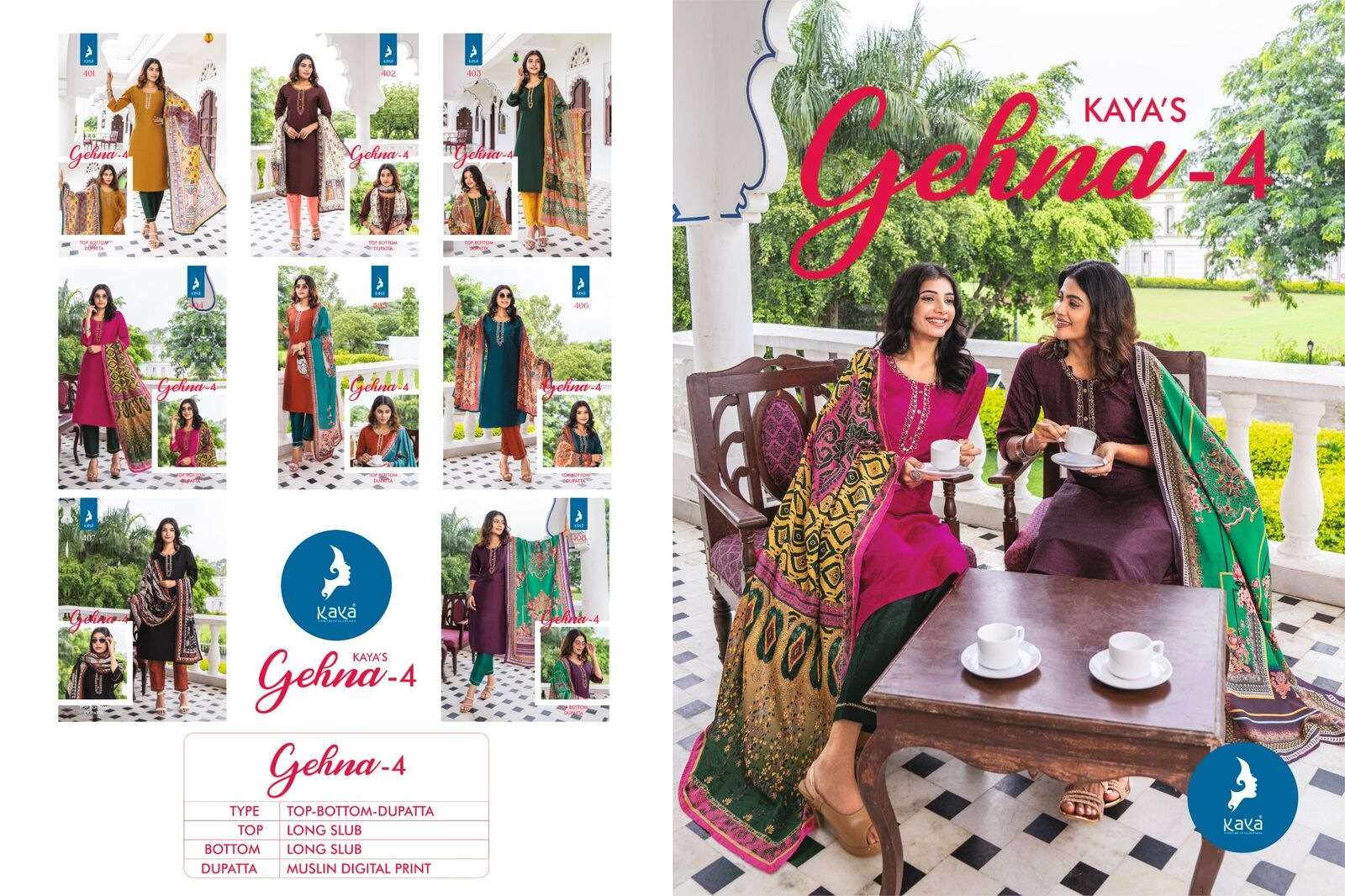 GEHNA VOL-4 BY KAYA KURTI LONG PURE SILK STRAIGHT CUT 3 PIECE KURTI PANT WITH DUPATTA 