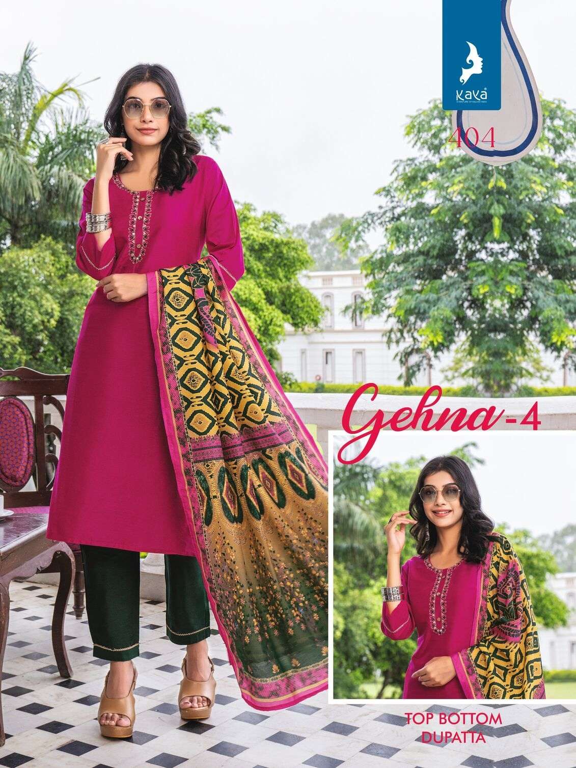 GEHNA VOL-4 BY KAYA KURTI LONG PURE SILK STRAIGHT CUT 3 PIECE KURTI PANT WITH DUPATTA 