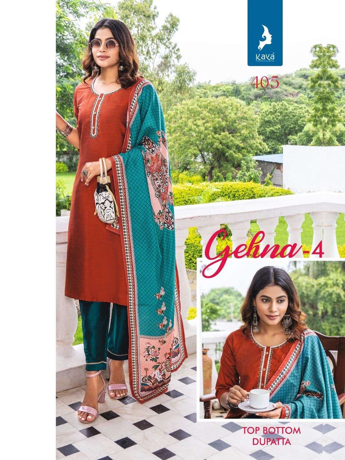 GEHNA VOL-4 BY KAYA KURTI LONG PURE SILK STRAIGHT CUT 3 PIECE KURTI PANT WITH DUPATTA 