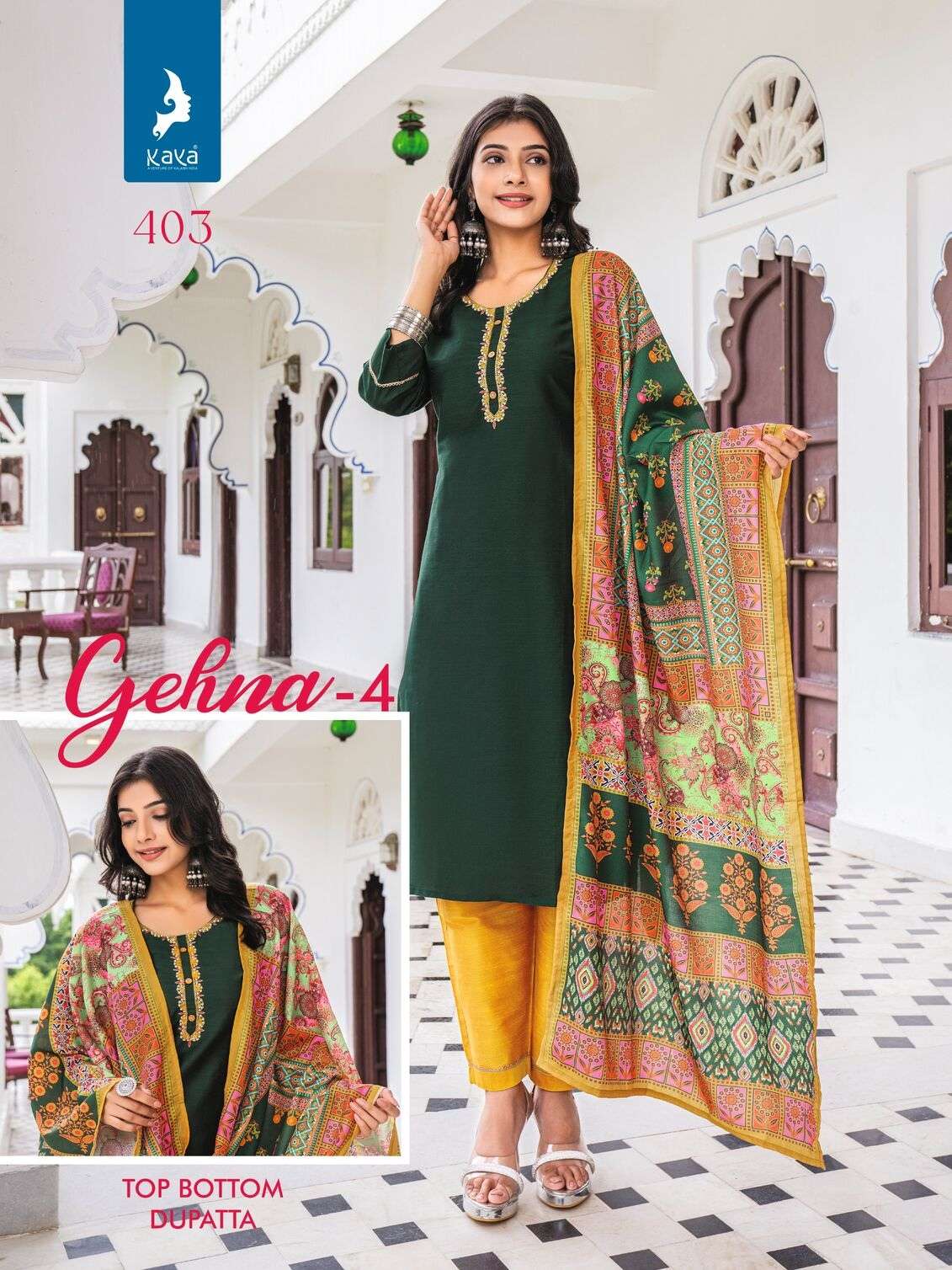 GEHNA VOL-4 BY KAYA KURTI LONG PURE SILK STRAIGHT CUT 3 PIECE KURTI PANT WITH DUPATTA 