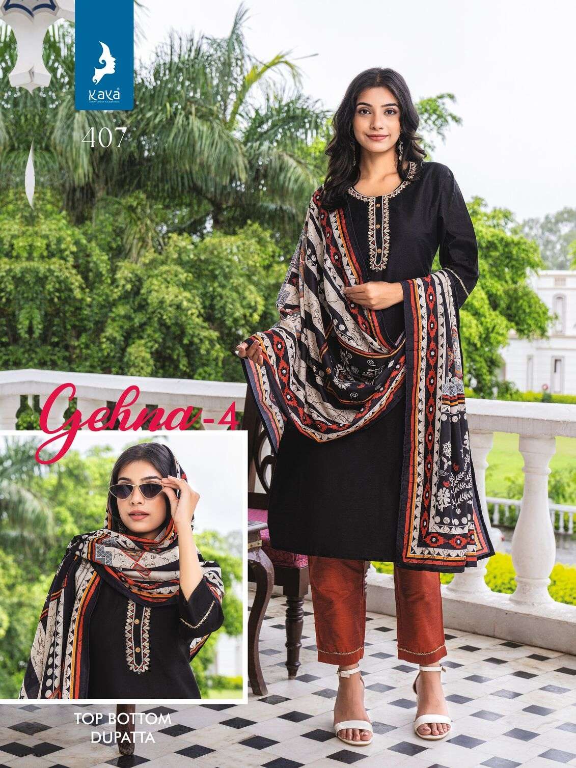 GEHNA VOL-4 BY KAYA KURTI LONG PURE SILK STRAIGHT CUT 3 PIECE KURTI PANT WITH DUPATTA 