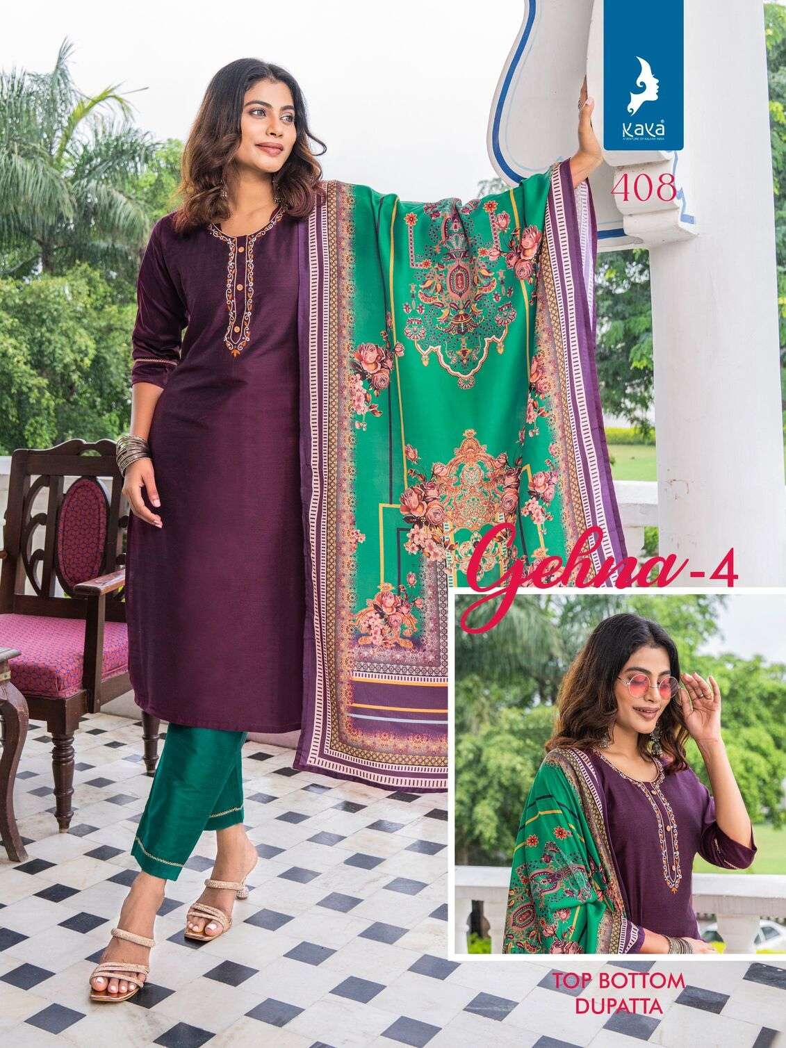 GEHNA VOL-4 BY KAYA KURTI LONG PURE SILK STRAIGHT CUT 3 PIECE KURTI PANT WITH DUPATTA 