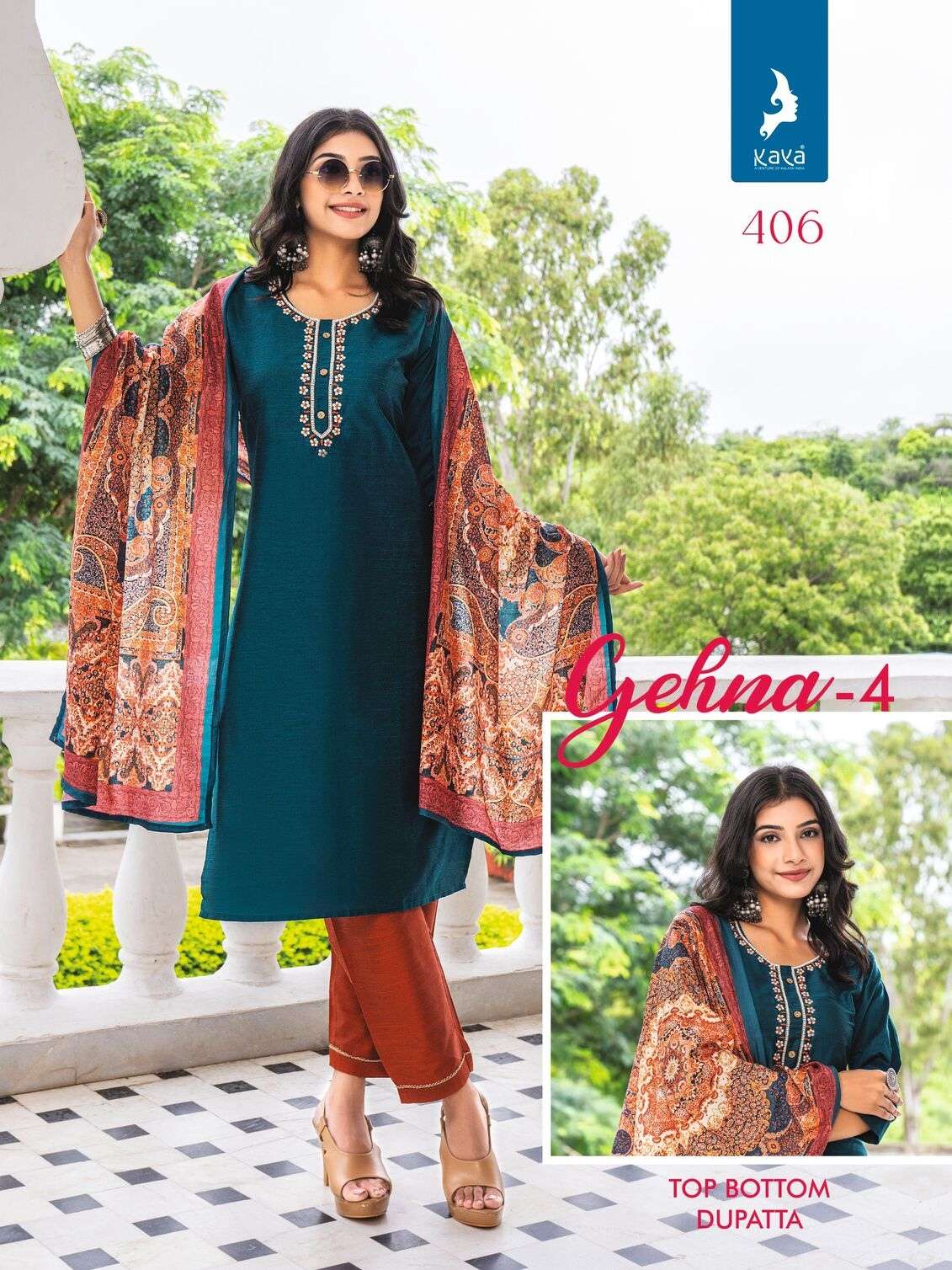 GEHNA VOL-4 BY KAYA KURTI LONG PURE SILK STRAIGHT CUT 3 PIECE KURTI PANT WITH DUPATTA 