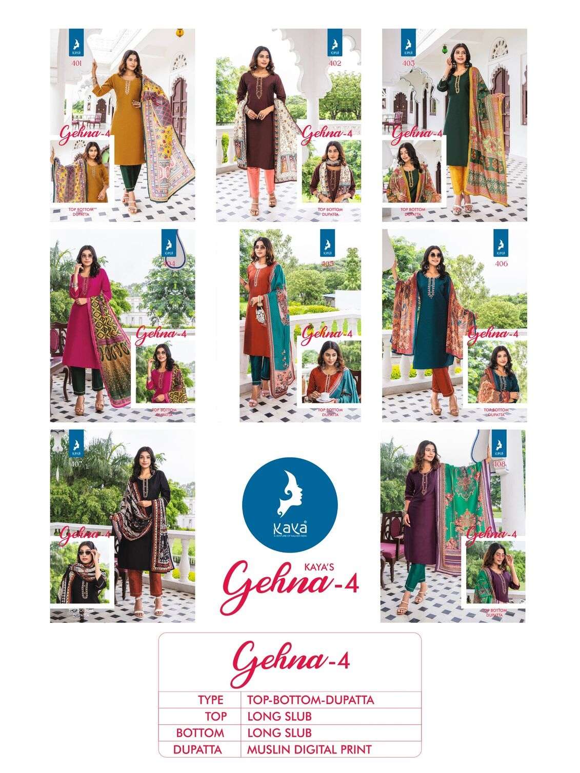 GEHNA VOL-4 BY KAYA KURTI LONG PURE SILK STRAIGHT CUT 3 PIECE KURTI PANT WITH DUPATTA 