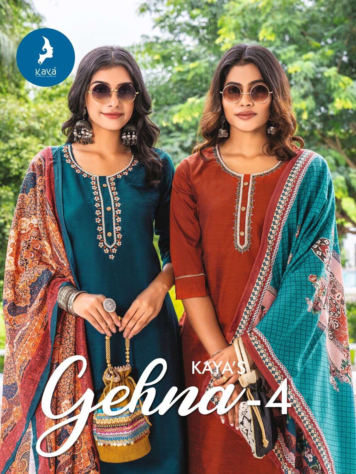 GEHNA VOL-4 BY KAYA KURTI LONG PURE SILK STRAIGHT CUT 3 PIECE KURTI PANT WITH DUPATTA 