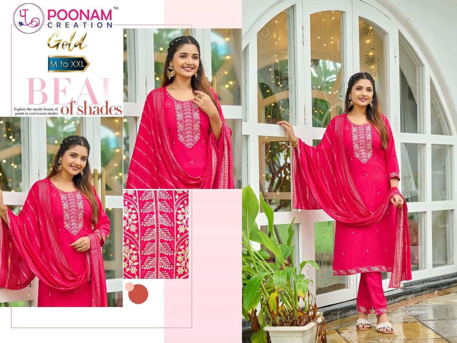 GOLD BY POONAM DESIGNER HEAVY ROMAN SILK EMBROIDERY SEQUENCE WORK TOP BOTTOM WITH WEAVING DUPATTA 