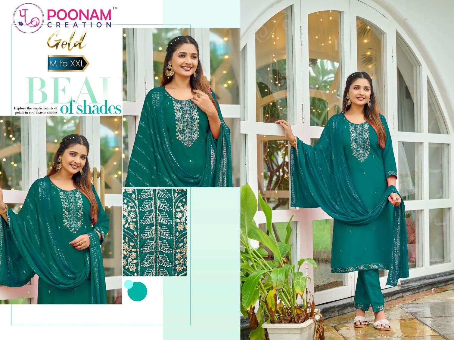 GOLD BY POONAM DESIGNER HEAVY ROMAN SILK EMBROIDERY SEQUENCE WORK TOP BOTTOM WITH WEAVING DUPATTA 