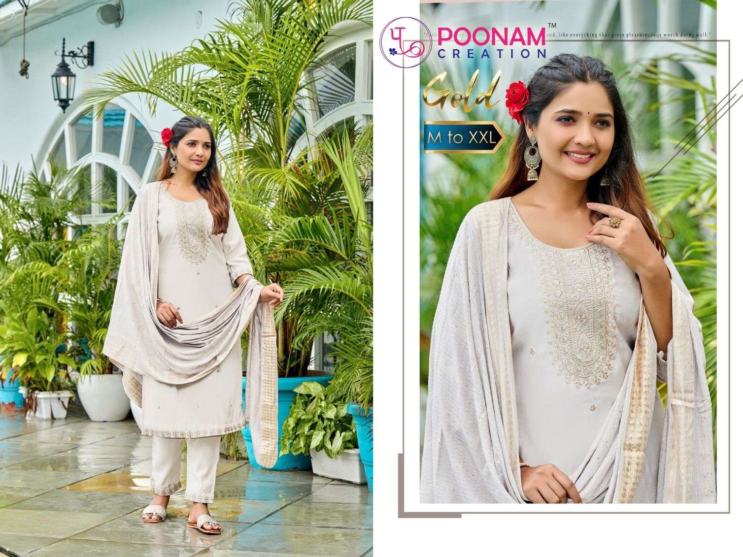 GOLD BY POONAM DESIGNER HEAVY ROMAN SILK EMBROIDERY SEQUENCE WORK TOP BOTTOM WITH WEAVING DUPATTA 
