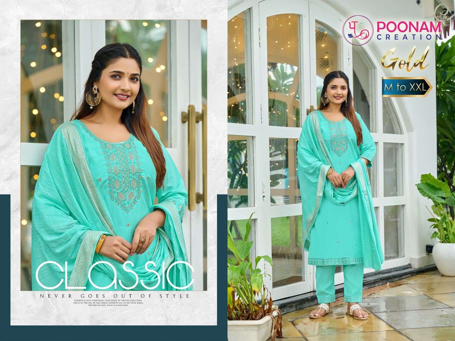GOLD BY POONAM DESIGNER HEAVY ROMAN SILK EMBROIDERY SEQUENCE WORK TOP BOTTOM WITH WEAVING DUPATTA 