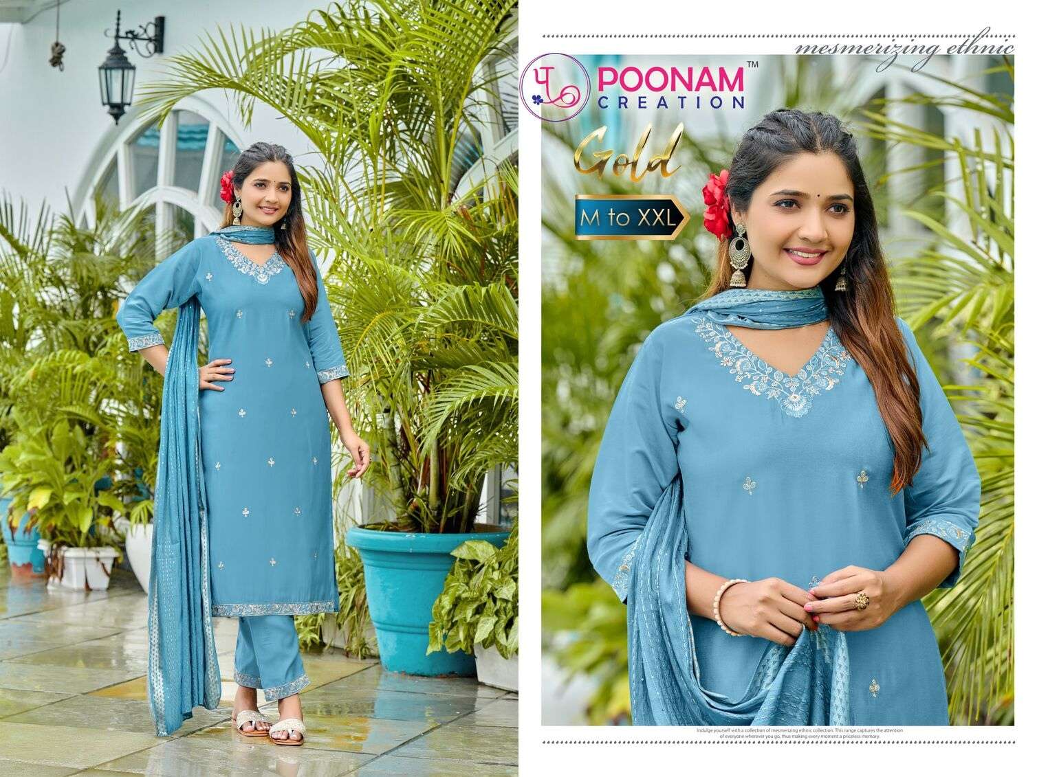 GOLD BY POONAM DESIGNER HEAVY ROMAN SILK EMBROIDERY SEQUENCE WORK TOP BOTTOM WITH WEAVING DUPATTA 