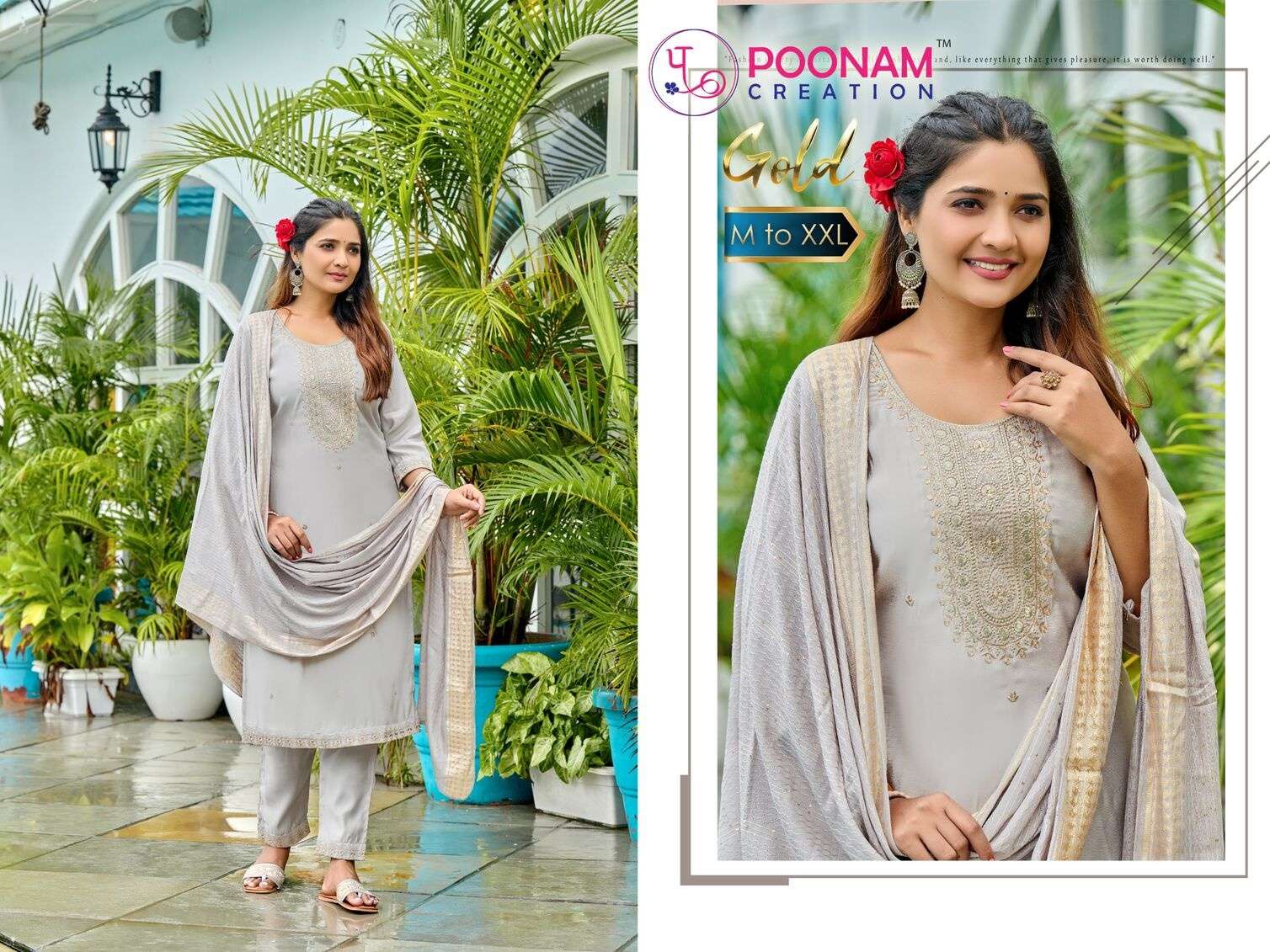 GOLD BY POONAM DESIGNER HEAVY ROMAN SILK EMBROIDERY SEQUENCE WORK TOP BOTTOM WITH WEAVING DUPATTA 