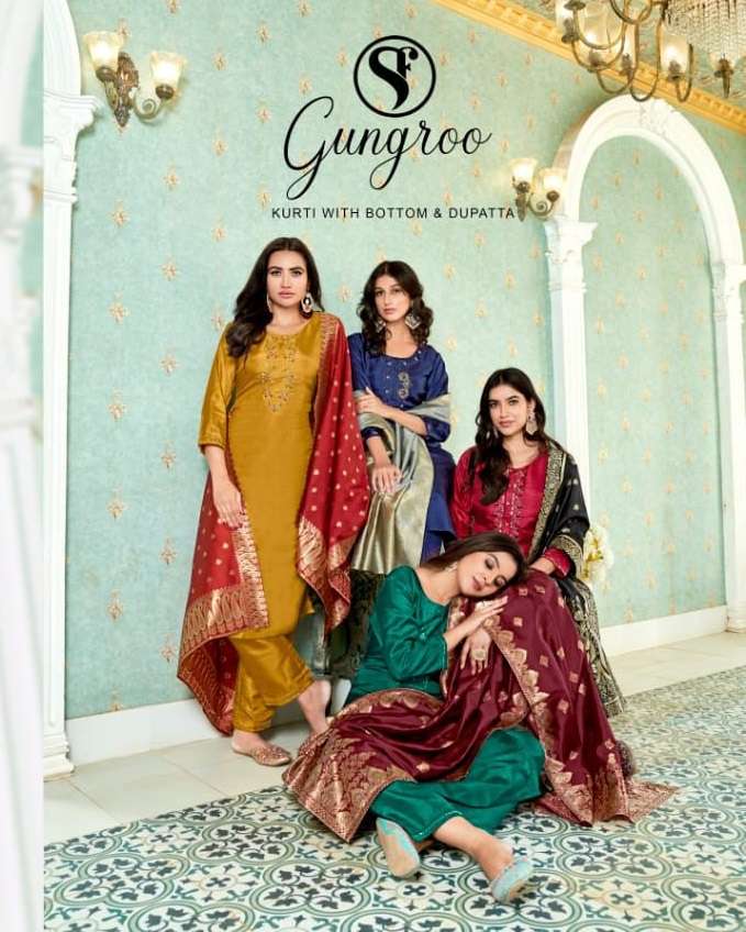 GUNGROO BY SWEETY FASHION CHINON SILK BASE WITH HEAVY JACQUARD KURTI PANT DUPATTA WITH INNER 